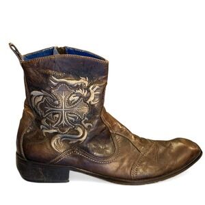 Mark Nason Rock Lives Brown Leather Gothic Cross Embroidered Boots Italy Size 14